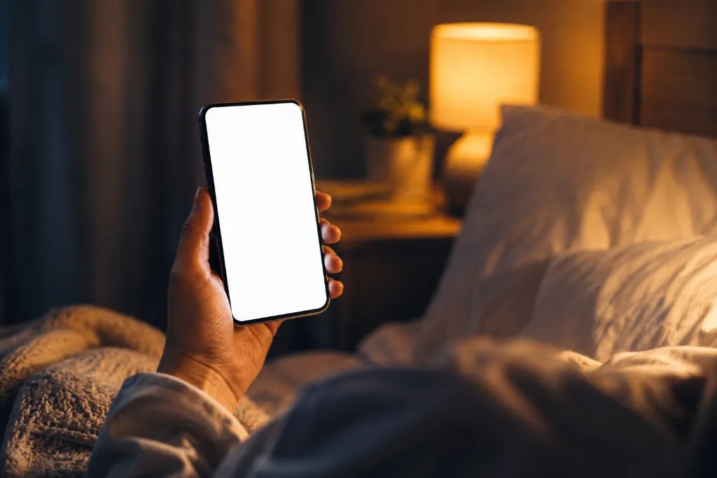 Mão segurando celular na cama à noite com o assistente NoctaLev aberto