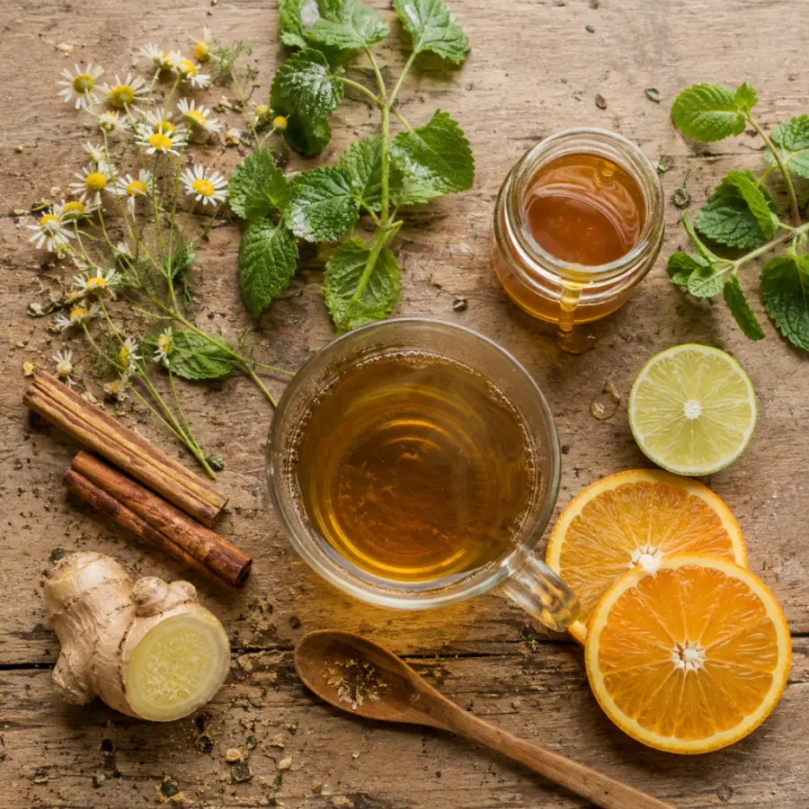 Ingredientes naturais das receitas: camomila, melissa, canela, gengibre, hortelã, laranja e mel
