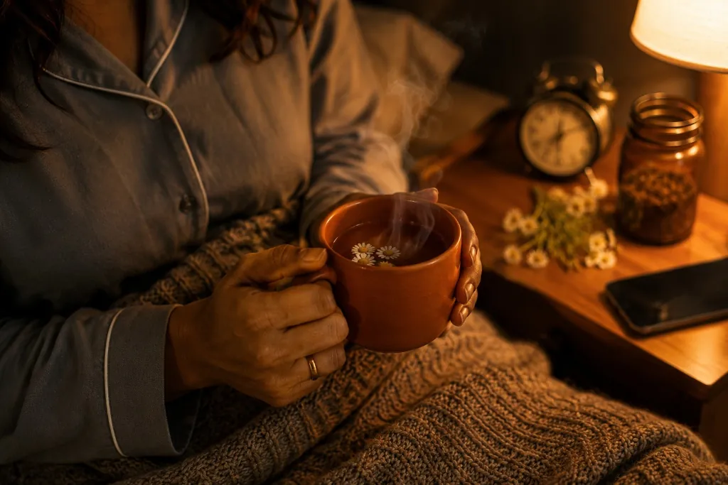 Mulher de pijama segurando caneca de chá de camomila fumegante à noite, ao lado do criado-mudo